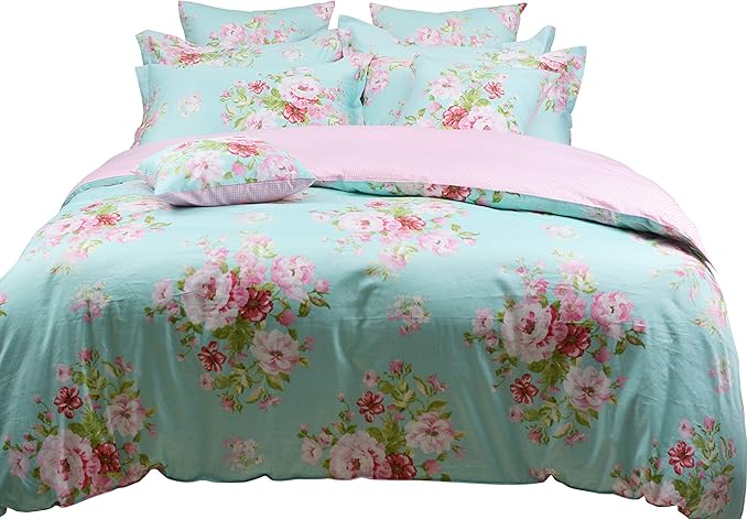 FADFAY Shabby Floral Duvet Cover Set Pink Grid Cotton Farmhouse Bedding with Hidden Zipper Closure 3 Pieces, 1duvet Cover & 2pillowcases,Full Size