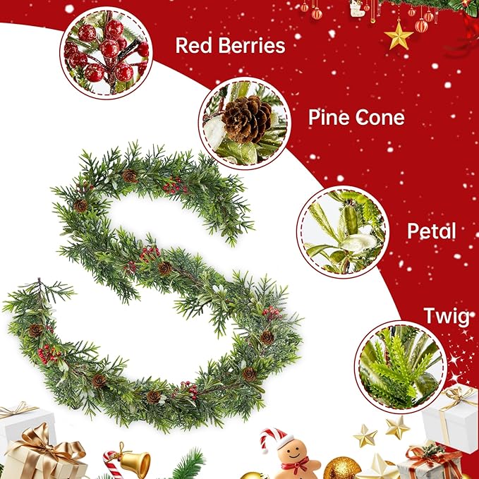 2Pack 6FT Christmas Garland – Artificial Norfolk Pine Olive Garland with Red Berries, Pinecones & 20 Warm LED Timer Lights – Holiday Garland for Home, Wedding, Party Decorations