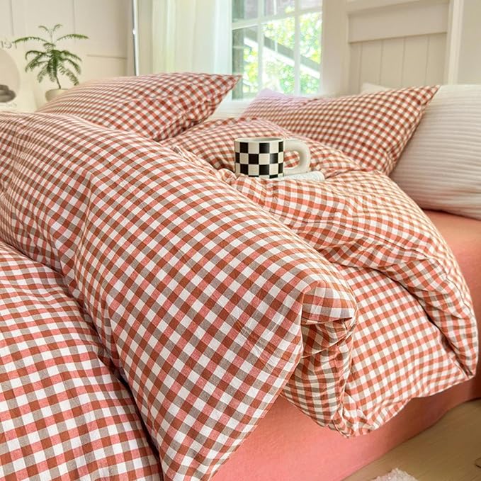 LifeTB Queen Comforter Set Modern Style Red Orange Gingham Comforter Lightweight Plaid Checkered Pattern Comforter Soft Fluffy Gingham Bedding Set Farmhouse Grid Plaid Comforter Set Queen