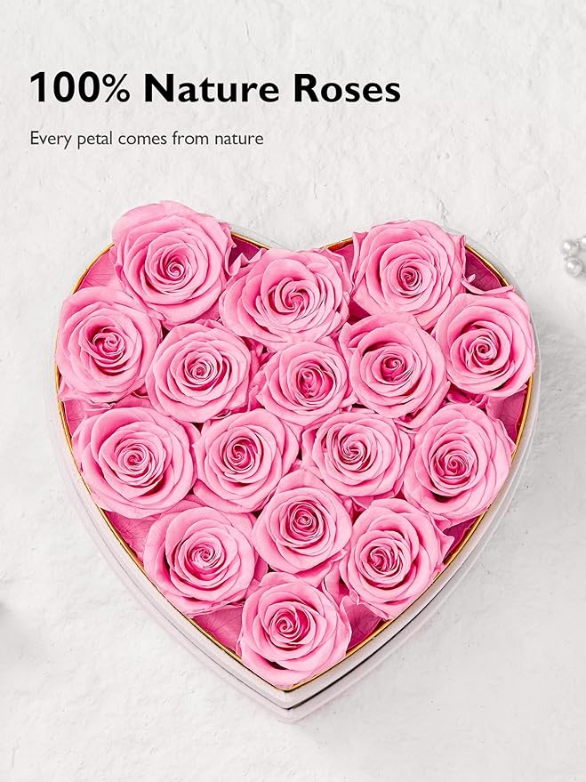 Eterfield Forever Flowers in Heart Shape Box, Preserved Roses That Last a Year Preserved Flowers Birthday Gifts for Her Mom Women Wife Anniversary Valentine's Day Mother's Day (16 Roses, Pink)
