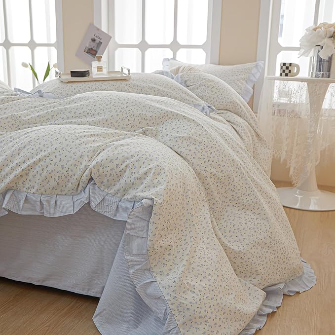 Blue Floral Ruffle Duvet Cover Twin XL White Soft Cotton Lace Duvet Cover Girls Botanical Flower Comforter Cover Romantic Princess Bedding Set Vintage Floral Lace Comforter Cover with Zipper Closure