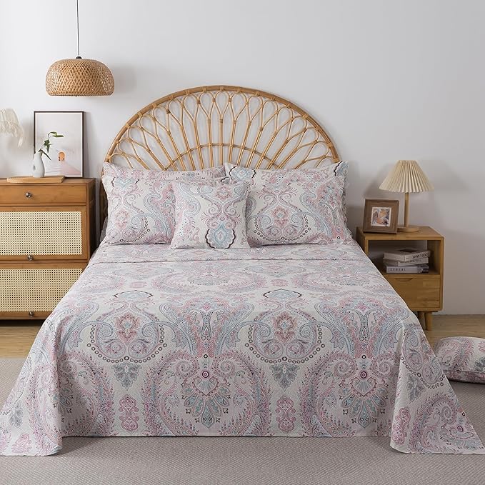 FADFAY 100% Cotton Paisley Damask Twin XL Bed Sheet Set, 4-Piece Soft Breathable Vintage Bedding with Deep Pocket Fitted Sheet, Flat Sheet and Pillowcases, All Season Cotton Sheets