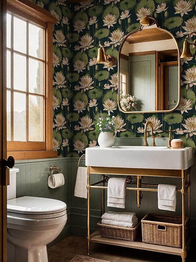 Orainege Vintage Floral Peel and Stick Wallpaper Floral Contact Paper 16.9"x393.7" Lotus Leaf Wallpaper Peel and Stick Self Adhesive Wall Paper for Bedroom Bathroom Covering Wall Decorative