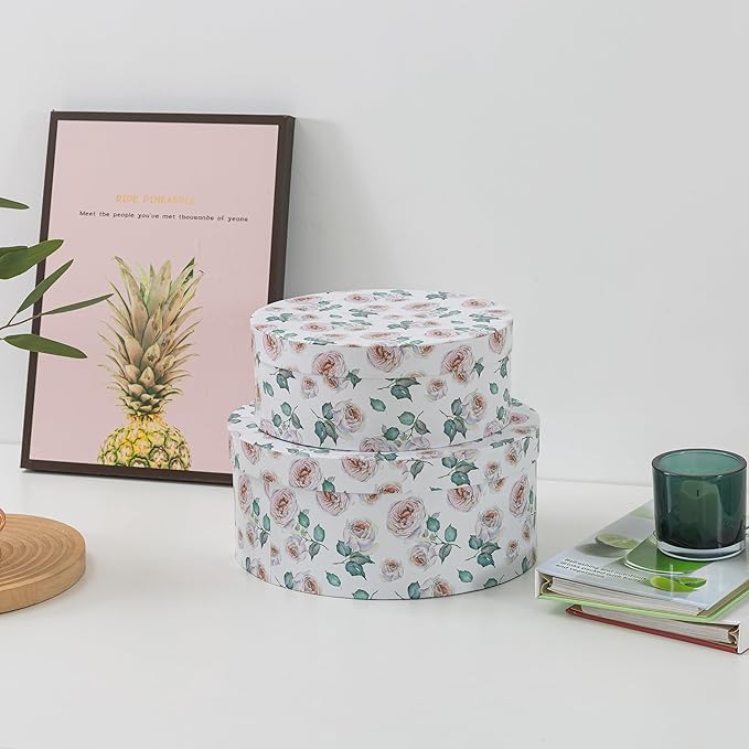 Soul & Lane Oblong Decorative Cardboard Storage Boxes with Lids, Set of 2 Floral Keepsake Boxes for Women, Oval Nesting Storage for Gifts, Home Decor, Organizing, Garden Roses