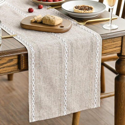 Artoid Mode Brown Rustic Cotton Linen Table Runner, Seasonal Embroidered Hollow Kitchen Dining Table Decoration for Home Party Decor 13x90 Inch