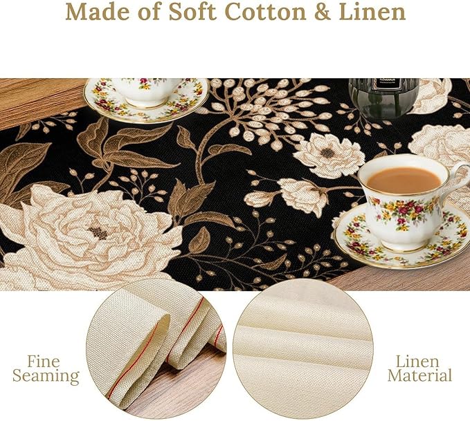Vintage Flowers Table Runner,Black Gold Peony Rose Print Table Runner for Home Kitchen Table Dining Indoor Outdoor Party Decor 13x90 Inch