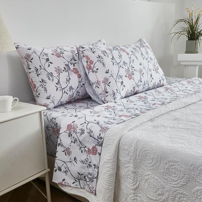 FADFAY Sheets Set Queen Rustic Bird Floral Bed Sheets Set Vintage Botanical Bedding Shabby Branches Leaves Bedding Collections 100% Egyptian Cotton Breathable Soft 17.7" Deep Pocket 4Pcs, Queen Size