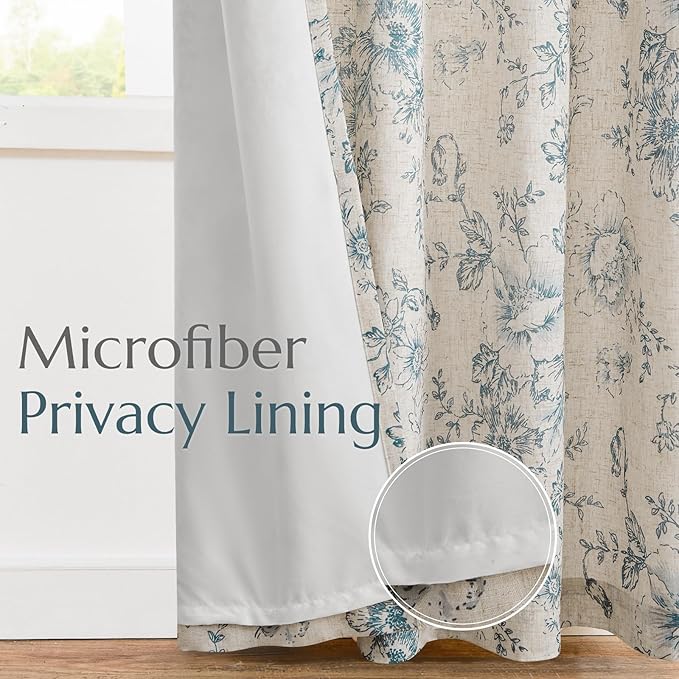 jinchan Lined Linen Blend Curtain Floral Curtains for Living Room 108 Inches Long Blue Peony Flower Printed Curtain Rod Pocket Back Tab Farmhouse Patterned Drapes Bedroom Window Curtains Set 2 Panels