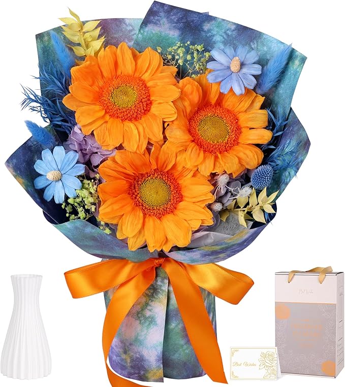 Forever Flowers for Delivery - Preserved Sunflowers Bouquet, Green Sunflowers That Last 3 Years, Eternal Flowers Bouquet for Her Mother Mom Wife Friends Birthday Gifts for Women, Starry Sky Blue