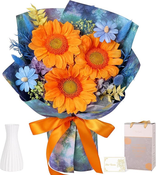 Forever Flowers for Delivery - Preserved Sunflowers Bouquet, Green Sunflowers That Last 3 Years, Eternal Flowers Bouquet for Her Mother Mom Wife Friends Birthday Gifts for Women, Starry Sky Blue
