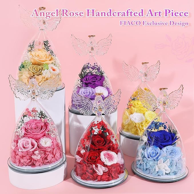 FIACO Gifts for Women Preserved Rose Forever Flower in Glass Angel Figurine Fresh Flowers for Delivery Mothers Day Birthday Gifts for Mom Grandma Wife Sister Pink