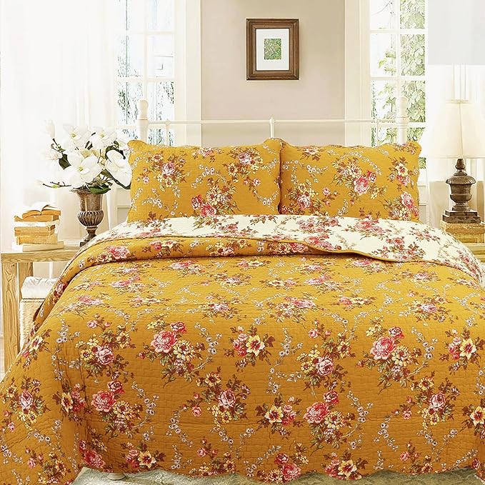 Cozy Line Home Fashions Perry Mustard Yellow Floral Blooming Flower Printed 100% Cotton Vintage Quilt Bedding Set Reversible Coverlet Bedspread (Camellia, King - 3 Piece)