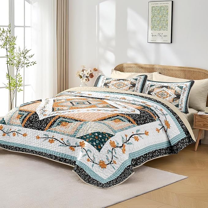 Quilt Set King Size, Farmhouse Floral 3 Pcs Soft Bed Cover Bedding Set, Boho Rustic Geometric Lightweight Bedspread Coverlet with 2 Pillow Sham for All Season