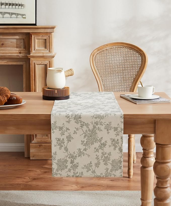 100% Cotton French Pastoral Table Runners, 13x48 Inch Green Farmhouse Table Runners 48 Inches Long, Vintage Flowers Print Home Decors