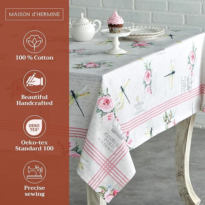 Maison d' Hermine Table Cloth Rectangle Table 100% Cotton 60 x 120 Inches Tablecloth Reusable Decorative for Dining Room, Farmhouse, Home, Party, Festive & Wedding Spring Summer - Champ De Mars