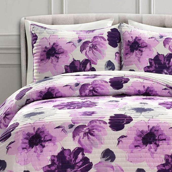 Lush Decor Leah Reversible Floral Quilt Set, 3 Piece Set, King, Gray & Purple - Watercolor Botanical - Cottage Core - French Country Decor- Bedding Queen Size