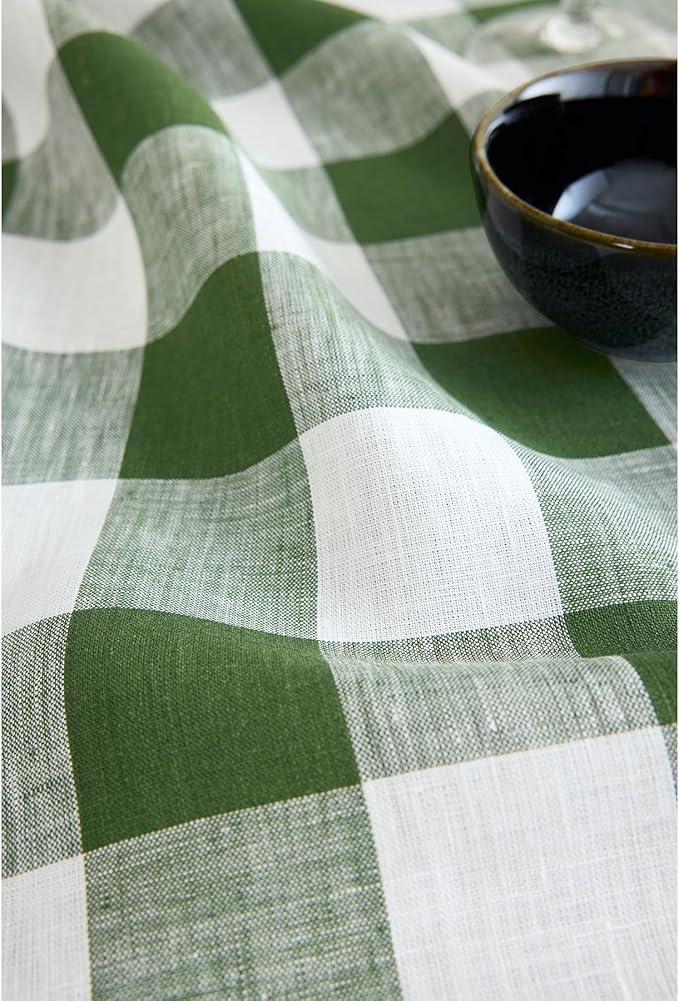 Solino Home Linen Checkered Table Runner 108 Inches Long - 100% Pure Linen Olive and White Buffalo Check Table Runner 14 x 108 Inch Ideal for Dining, Spring, St Patricks Day, Easter