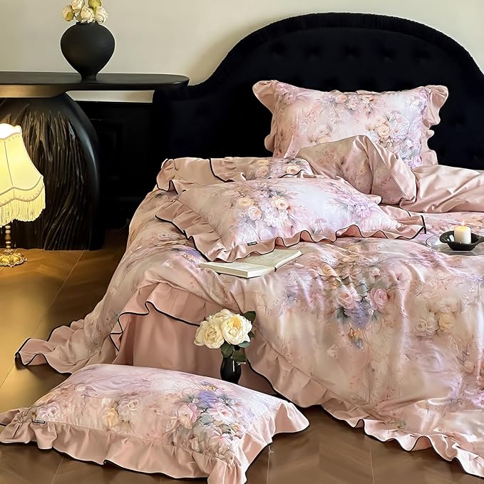 HighBuy Farmhouse Ruffle Duvet Cover Full Size,Pink Floral Lace Ruffle Design Durable Brushed Cotton Duvet Cover Set Coquette Soft Comforter Cover Ruffled,3 Pieces Cottagecore Bedding Set