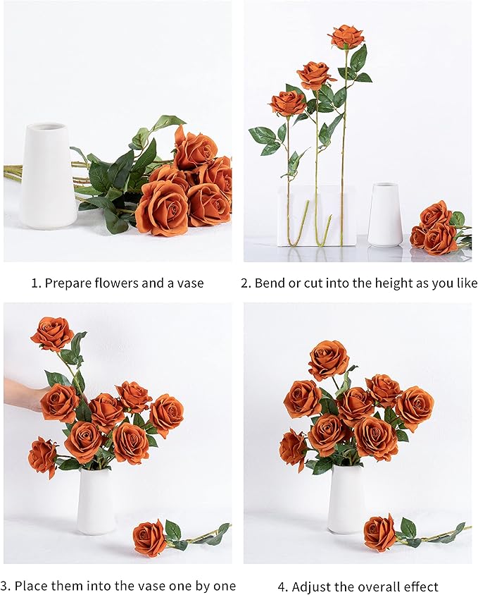 DuHouse 10pcs Silk Roses Artificial Flowers Fake Rose for Arrangement Wedding Party Home Decoration (Burnt Orange)