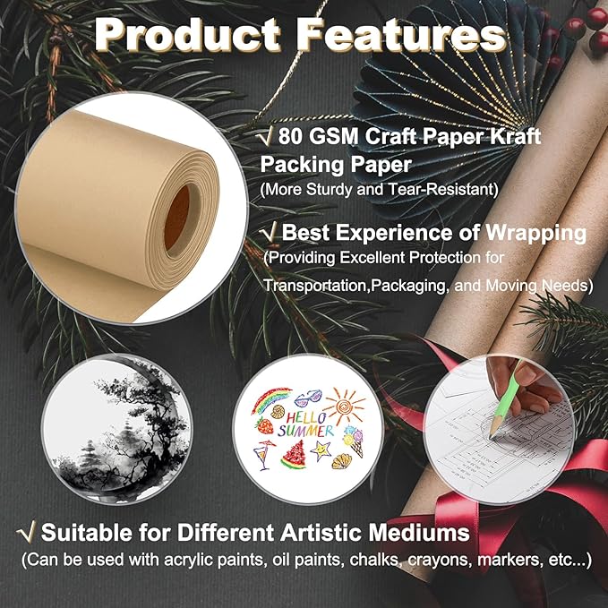 PATIKIL Wrapping Paper, 15"x1200"(100') Bulletin Board Paper Roll Kraft Paper Roll Construction 80GSM for Shipping Packing Gift Wrapping Craft Flower Bouquet Christmas, Brown
