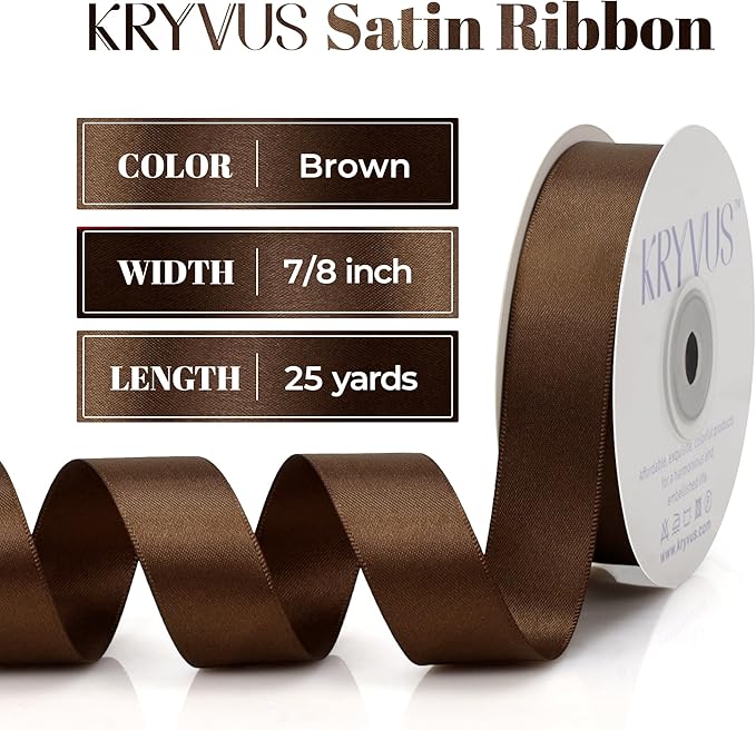 Double Faced Brown Satin Ribbon, 7/8 Inch X 25 Yards Polyester Ribbon for Gift Package Wrapping, Crafts, Bow Making, Sewing, Flower Bouquet, Wedding Party Decor