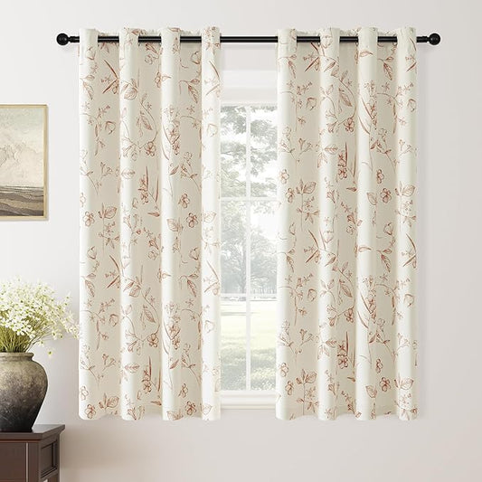 ChrisDowa Beige 100% Blackout Floral Curtains 63 Inches Long 2 Panels for Bedroom Living Room Brown Flower Patterned Room Darkening Thermal Insulated Soundproof Grommet Window Treatments Drapes,52X63