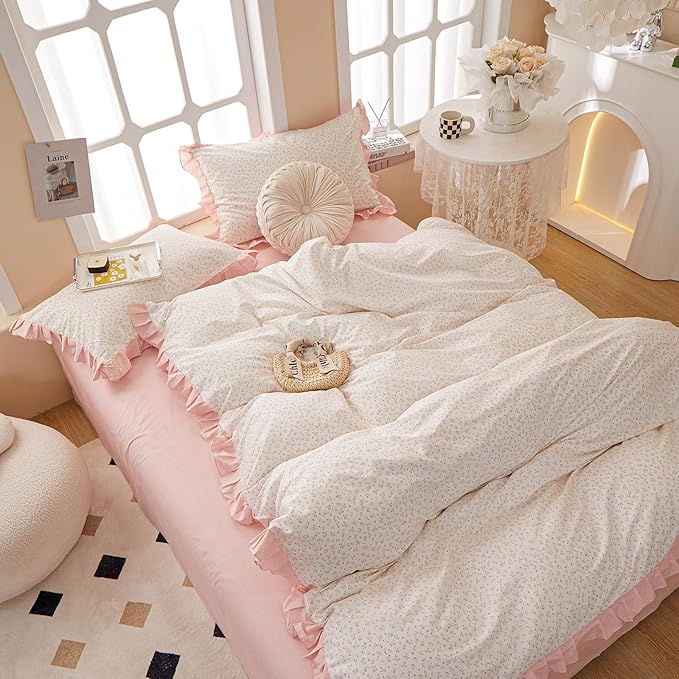 Reversible Ruffle Comforter Set King Vintage Botanical Floral Comforter Set White Coquette Bedding Cottagecore Pink Flower Comforter with 2 Pillowcases Floral Boho Bedding Comforter for King Bed