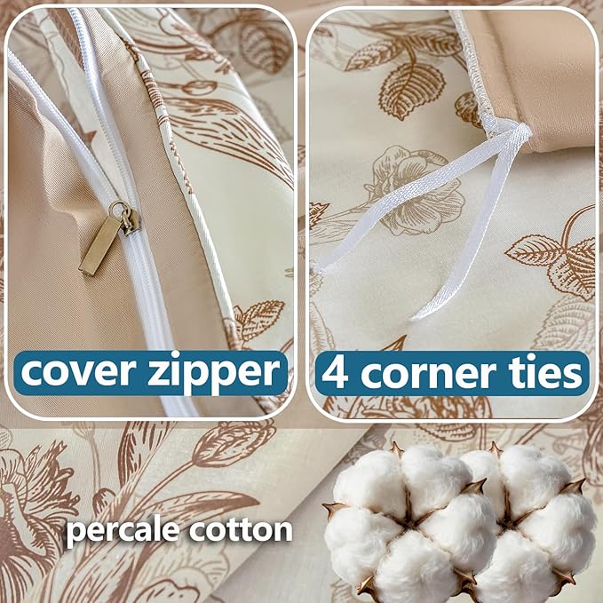 Brown Floral Duvet Cover Set 100% Percale Cotton King Size Shabby Vintage Toile Flower Printed Comforter Covers with Zipper, Soft & Breathable French Country Bedding 3Pcs-Not Comforter