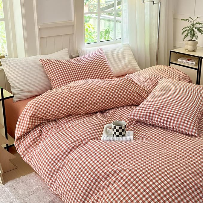 LifeTB Gingham Comforter Set King Modern Style Plaid Checkered Pattern Comforter Soft Fluffy Gingham Bedding Set Lightweight Red Orange Grid Bedding Comforter Farmhouse Checkered Comforter Set