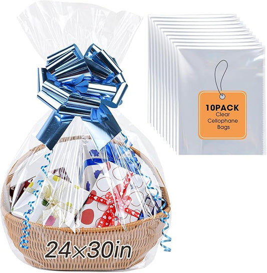 Yuiicaov 10PCS Large Cellophane Bags, 24x30 Inches Clear Cellophane Wrap for Gift Baskets, Clear Basket Bags Packaging 2.8 Mil Thick