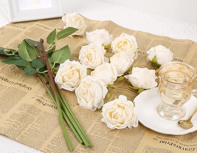 IPOPU White Roses Artificial Flowers 12pcs Vintage Dried White Flowers Artificial Roses Silk Flowers with Single Stem White Fake Rose for Wedding Centerpieces Wall Flowers Decorations (Off White)