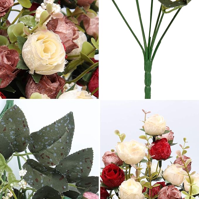 Flojery 21 Heads Silk Rose Bouquet Artificial Flowers Mini Rose for DIY Wedding Bouquets Centerpieces Bridal Shower Party Home Decorations,Pack of 4 （Red）
