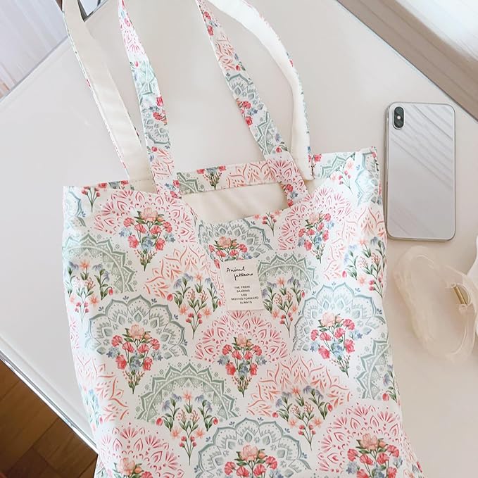 Cotton Canvas Tote Bag Reusable Soft Grocery Cloth Bag Floral Shoulder Bag for Beach Travel Shopping
