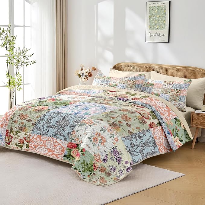 Quilt Set Full/Queen Size, Vintage Patchwork Floral 3 Pcs Soft Bed Cover Bedding Set, Boho Mid Century Lightweight Bedspread Coverlet with 2 Pillow Sham for All Season