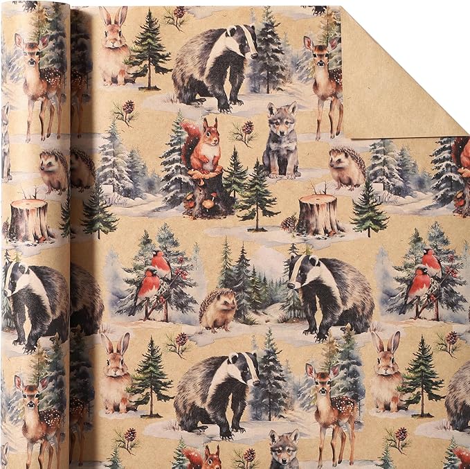 WRAPAHOLIC Kraft Christmas Wrapping Paper - Mini Roll - 17 Inch x 33 Feet - Wild Animals Winterfall Watercolor Design for Christmas, Holiday, Party Celebration