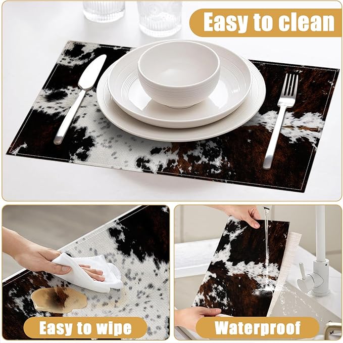 Cowhide Skin Placemats Set of 6, Cow Print Linen Place Mat Washable Stain Resistant Table Mats for Farmhouse Kitchen Dining Party Wedding Decor 12x18 Inch