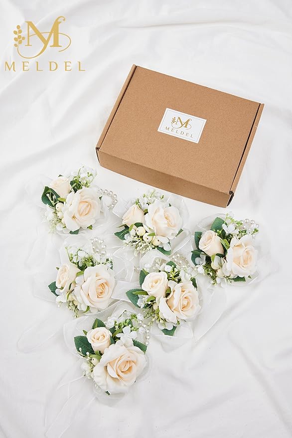 Meldel Champagne Wrist Corsage for Bride Bridesmaid Wedding,Set of 6, Romantic Artificial Rose Pearls Wristband Wrist Flower for Bridal Shower Ceremony Prom Party, Mother and Grand Mother Wrist Flower