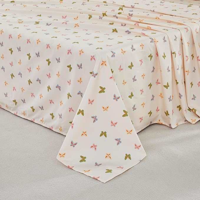 Brandream Sheet Set Butterfly Bed Sheets for King Size Bed, Women Girls Sheets Deep Pockets, Garden Butterfly Farmhouse Style 4 Pieces
