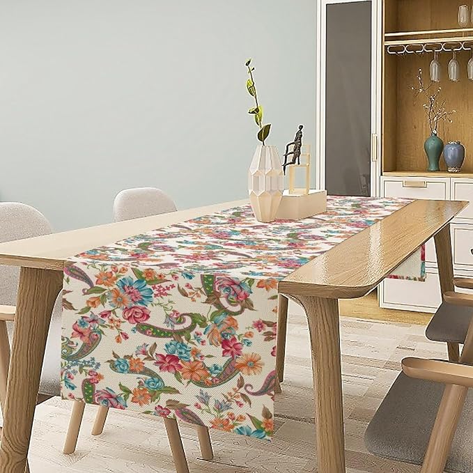 Boho Floral Table Runner, Colorful Bohemian Paisley Flower Design Table Runner for Kitchen Dining Home Party Decor, 13x70 Inch