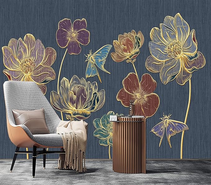 Eierme-Gold Embossed Plants and Flowers Mural Wallpaper Peel and Stick 160" x 114"