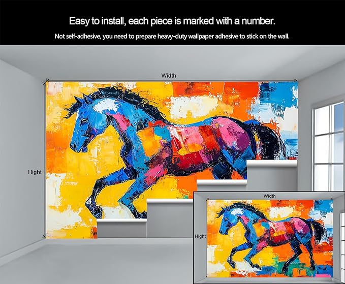 Abstract Horse Wall Mural, Colorful Horse Art 3D Wall Murals, Bold Abstract Animal Wallpaper Mural, for Living Room Bedroom Large Wallpaper Indoor Decor 137.8" W x100 H