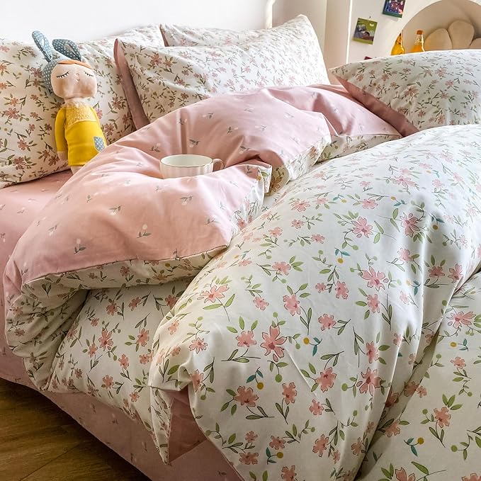 HighBuy Soft Cotton Floral Duvet Cover Twin White with Pink Floral Print,Garden Style Coquette Bedding Comforter Cover Bedding Set,Cottagecore Duvet Cover Set -1 Twin Duvet Cover,2 Pillowcases