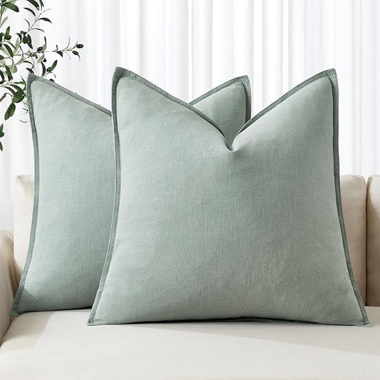 MIULEE Decorative Linen Euro Sham Pillow Covers 22x22 Inch Aqua Green Boho Farmhouse Neutral Couch Throw Pillows for Bed Pack of 2 Accent Modern Pillowcase Summer Sofa Livingroom Home Decor