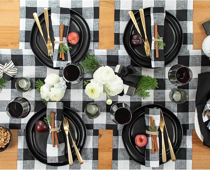 Solino Home Linen Checkered Table Runner 144 Inches Long - 100% Pure Linen Buffalo Check Black and White Table Runner 14 x 144 Inch Ideal for Dining, Winter