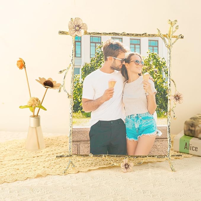 8x10 Gold Pink Flowers Picture Frame Art Decor Ornate Floral Metal Photo Frames High Definition Glass Front Tabletop Display, Gifts Ideas for Women on Weeding