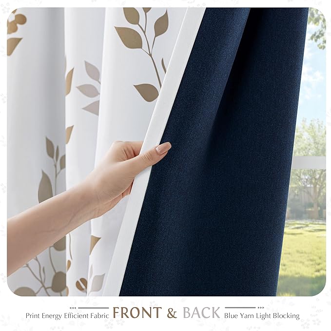 Beauoop Floral 100% Blackout Curtains 72 Inches Long 2 Panels for Bedroom Living Room Tan Brown and White Flower Patterned Room Darkening Thermal Soundproof Grommet Window Treatments Drapes, 52X72