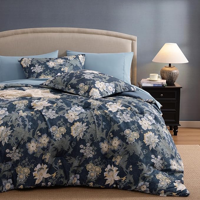 King Comforter Set -7 Pieces Floral Navy Blue Comforter Set for All Seasons, Bed in a Bag King with Botanical Flowers Comforter, Sheets, Pillowcases & Shams