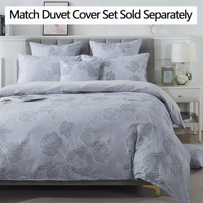 FADFAY Grey Vintage Floral Queen Size Sheets Set 100% Brushed Cotton Shabby Rose Flower Pattern Bedding Set Deep Pocket Sheets with 2 Pillowcases Luxury Breathable Soft 4pcs, Queen Size