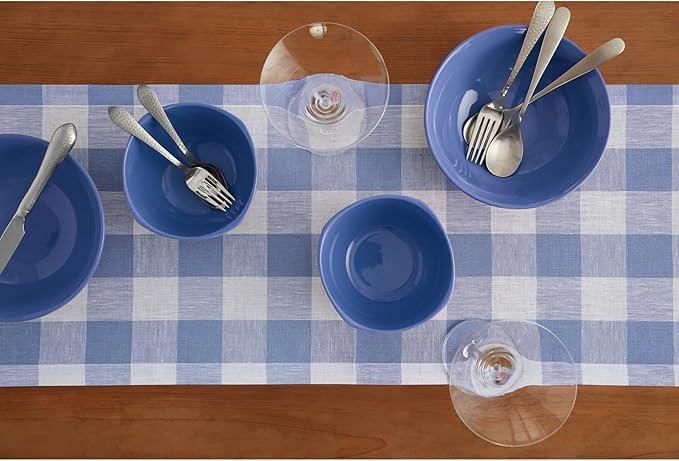 Solino Home Linen Checkered Table Runners 90 Inches Long - 100% Pure Linen Hydrangea Blue Buffalo Check Table Runner 14 x 90 Inch Ideal for Dining, Winter, Spring, Easter