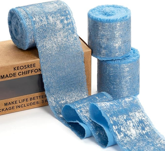 Deep Sky Blue Silk Chiffon Ribbon,Dusty Blue Frayed Shimmery Silk Ribbon for Bridal Flower Bouquet Gift Wrapping Wedding Decor Invitations Decorations 1.5" x 15 Yards (5Yards X 3 Rolls)